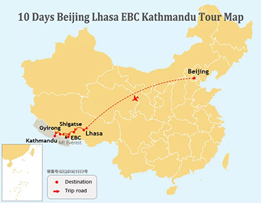 10 Days Beijing Lhasa Kathmandu overland Tour Map