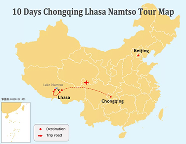 10 Days Highlights of Chongqing and Lhasa to Sacred Namtso Tour Map