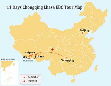 11 Days Classic Chongqing and Lhasa to EBC Tour Map