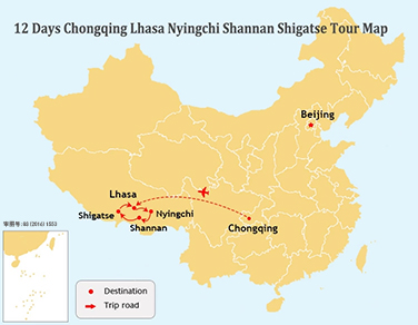 12 Days Chongqing and Lhasa to Nyingchi and Tsedang Tour Map
